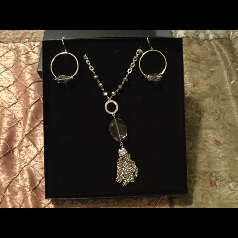 Silver  and Smokey stone necklace and earrings